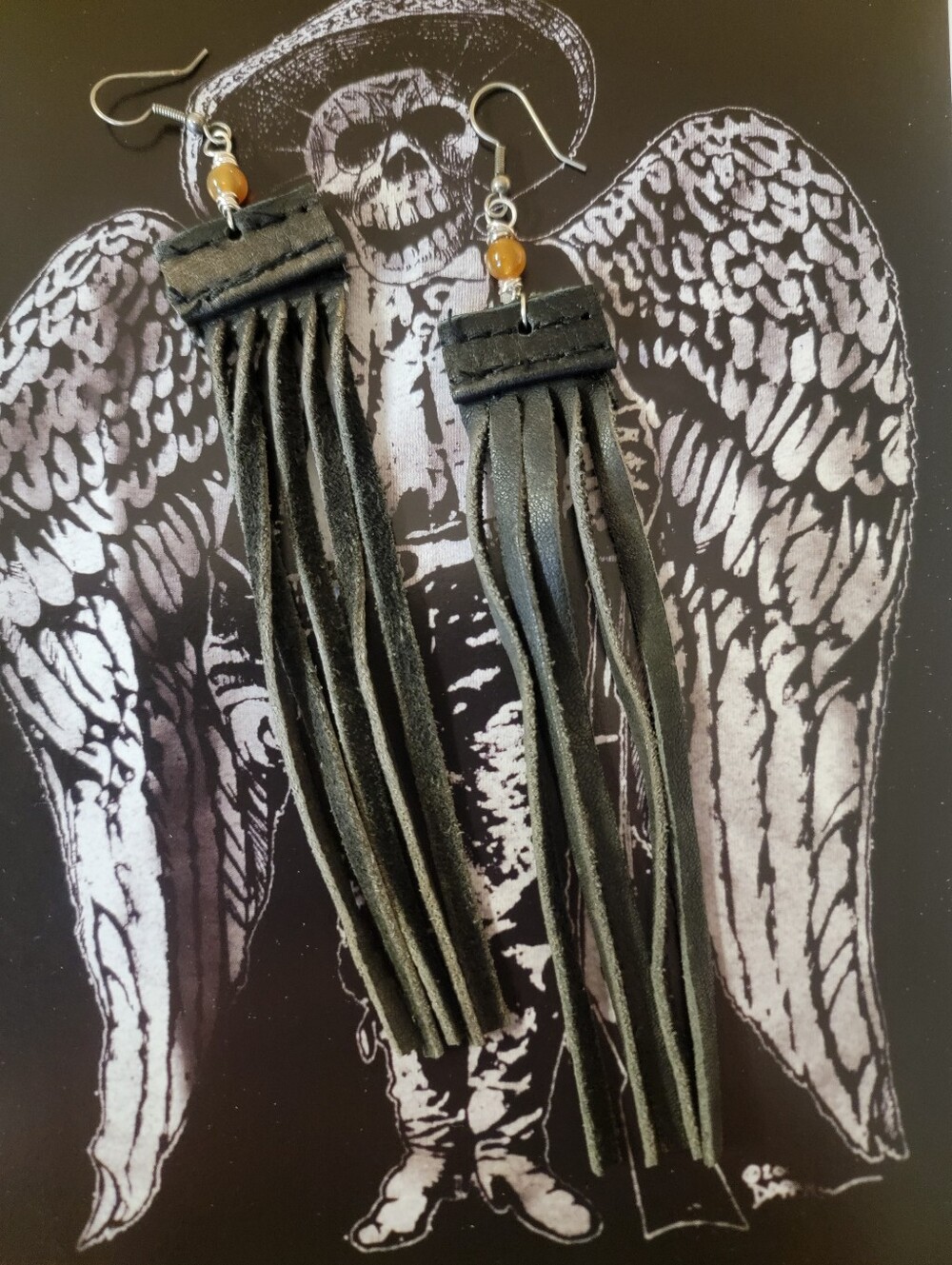 Handmade Black Leather Fringe Earrings with Peach Quartz Beads